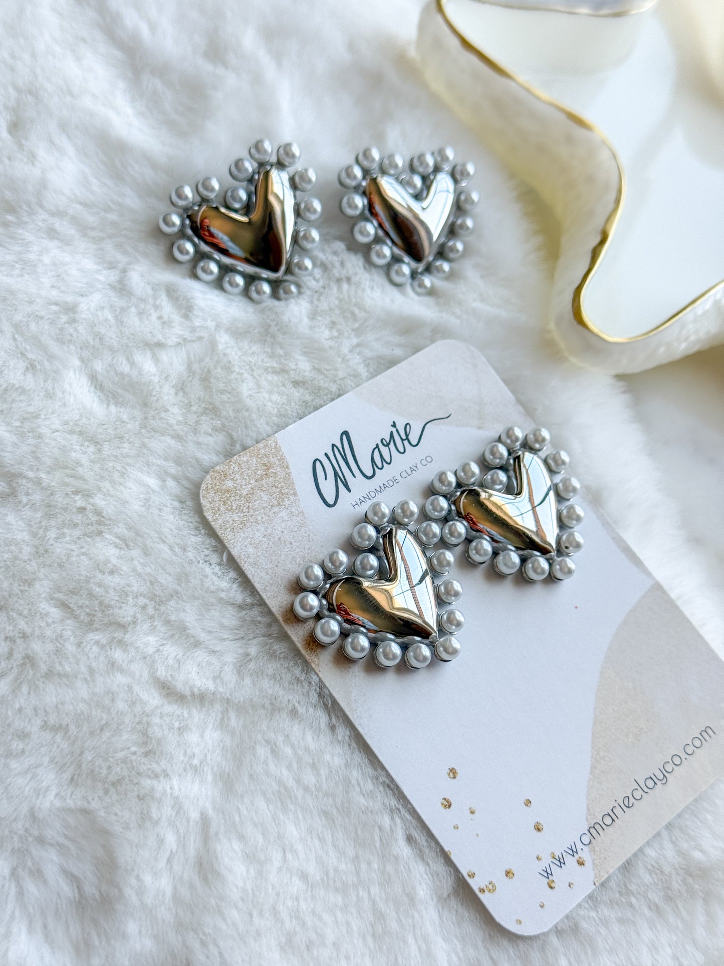 Silver Pearl Detailed Heart Statement Stud Earrings