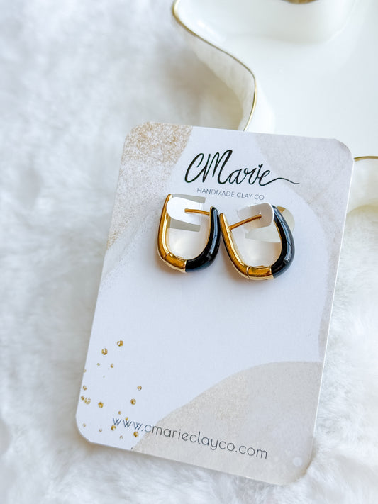 Gold U Shape Black Enamel Earring
