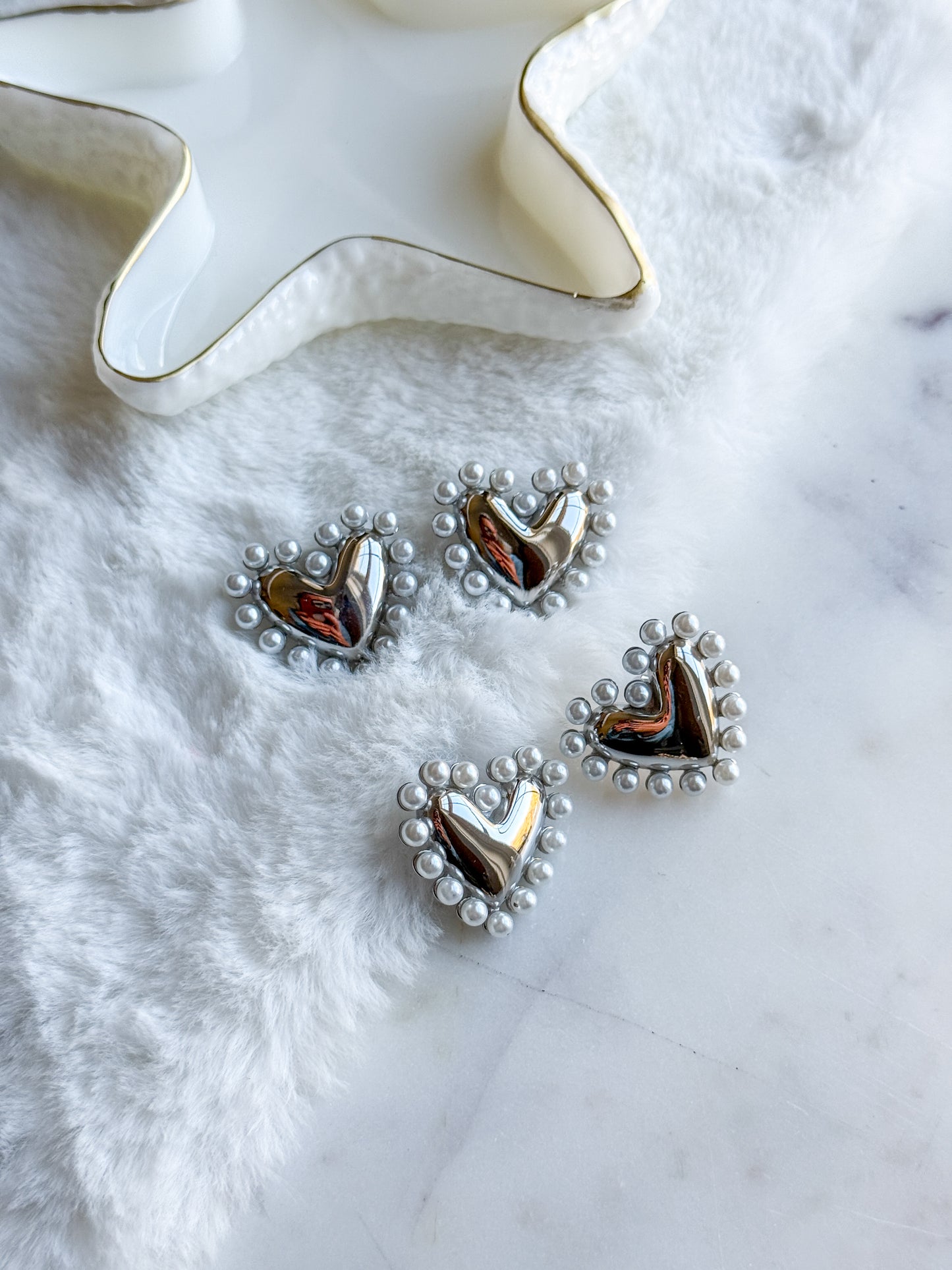 Silver Pearl Detailed Heart Statement Stud Earrings