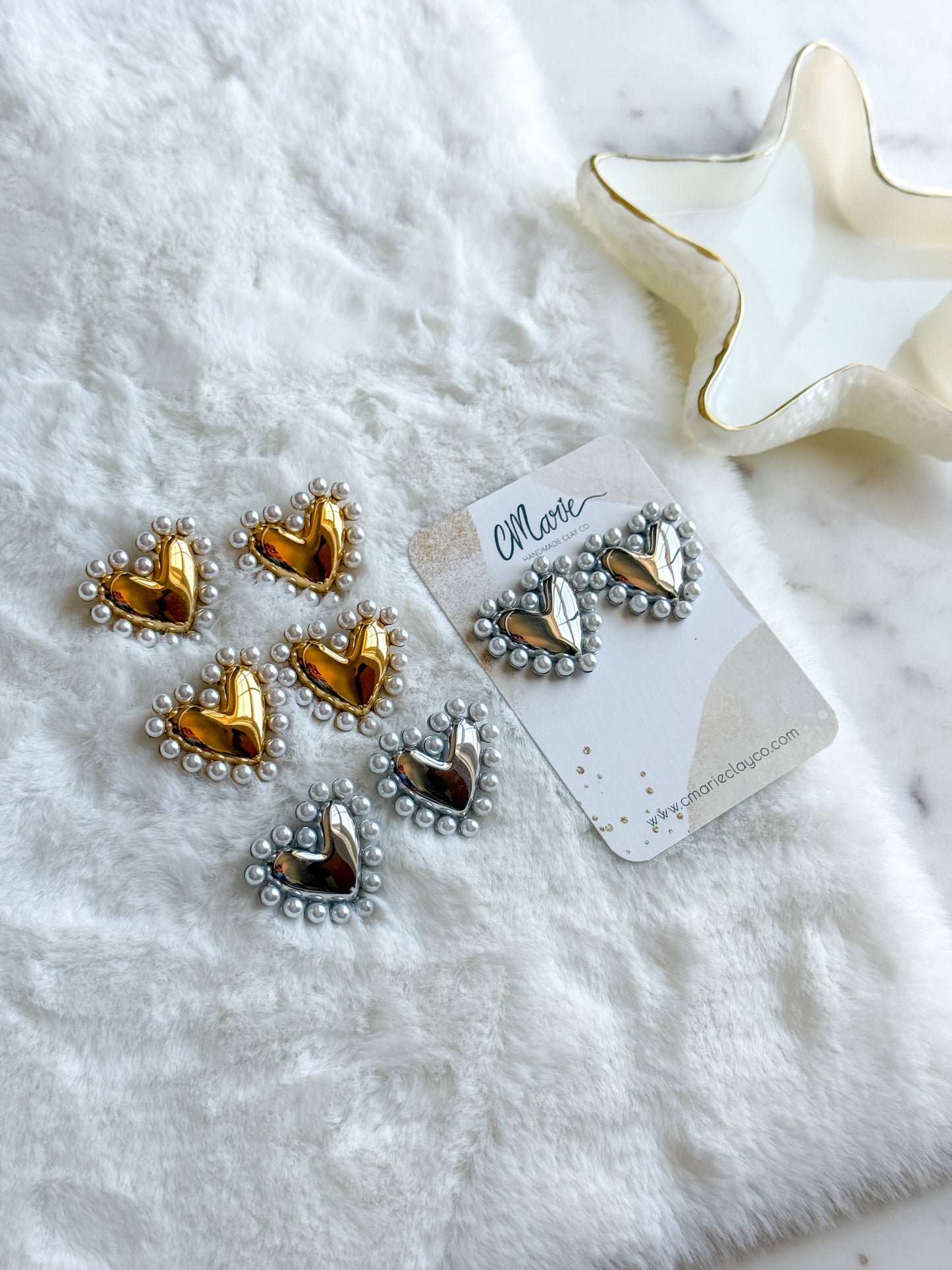 Silver Pearl Detailed Heart Statement Stud Earrings