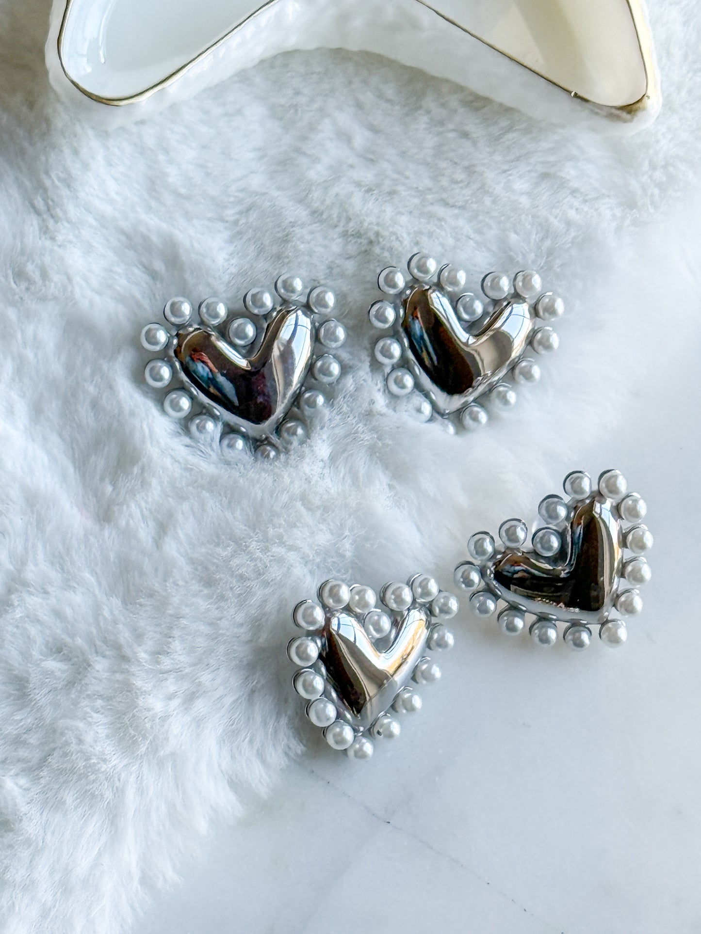 Silver Pearl Detailed Heart Statement Stud Earrings