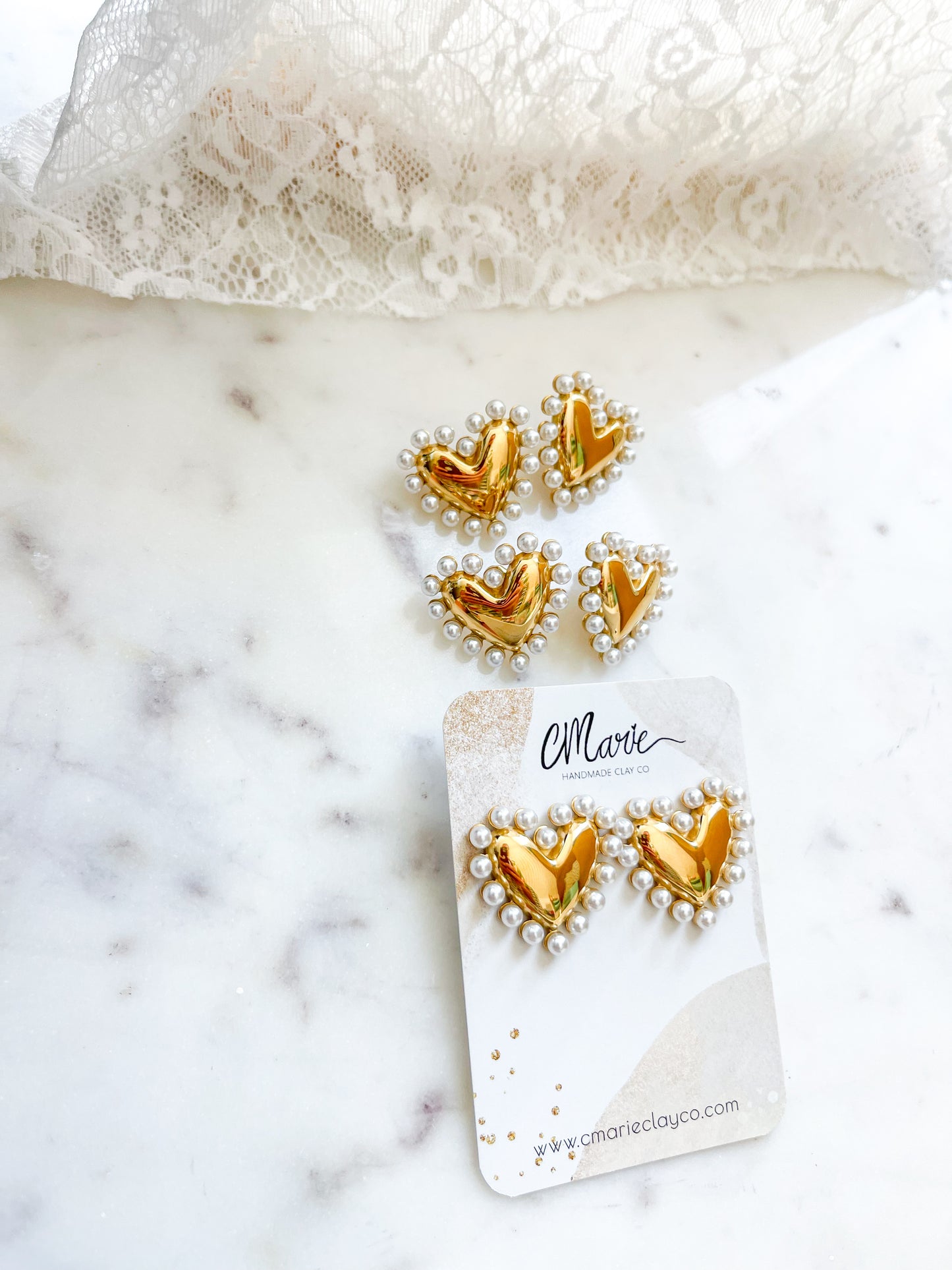 Pearl Detailed Heart Statement Stud Earrings