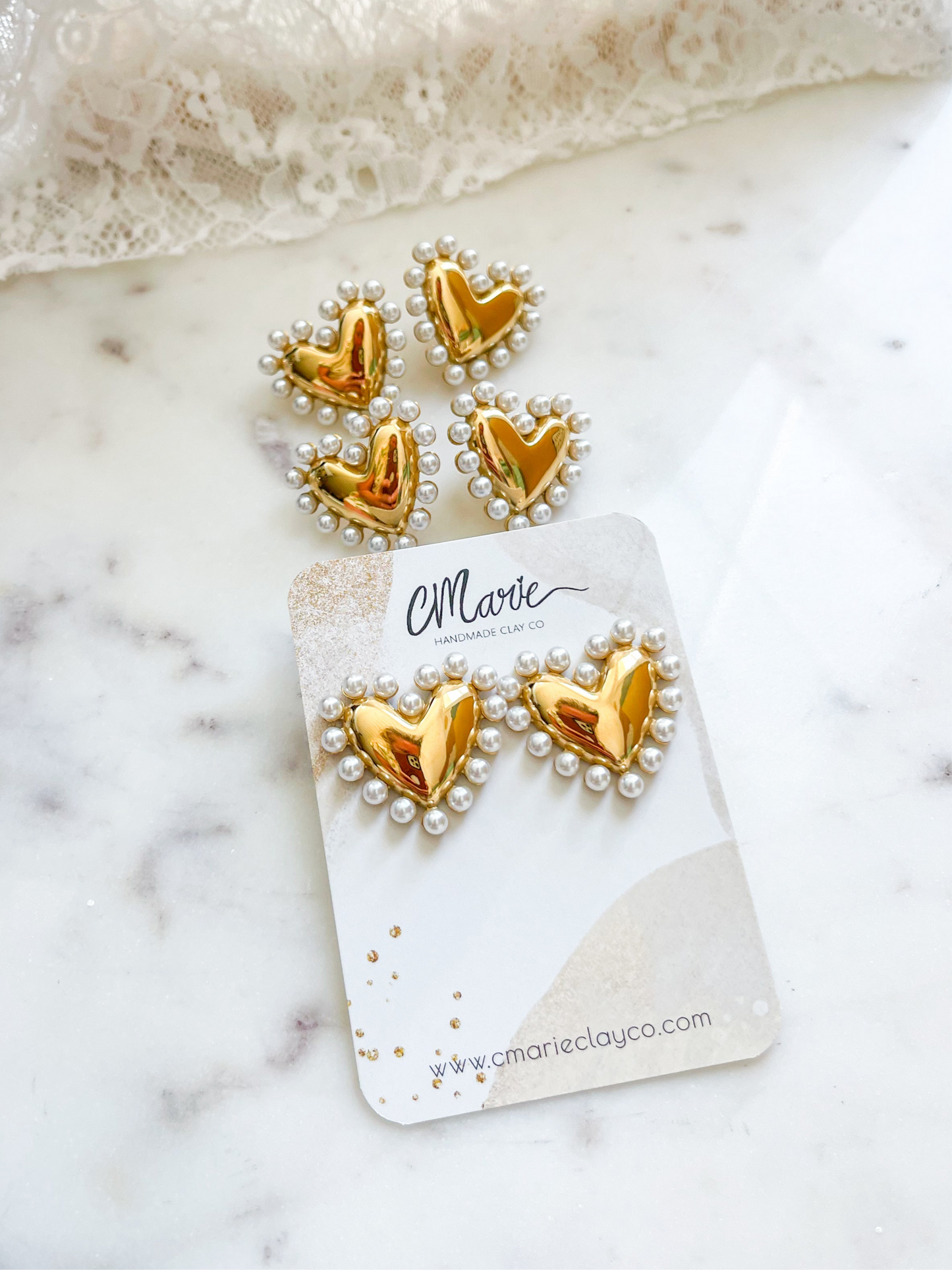 Gold Pearl Detailed Heart Statement Stud Earrings