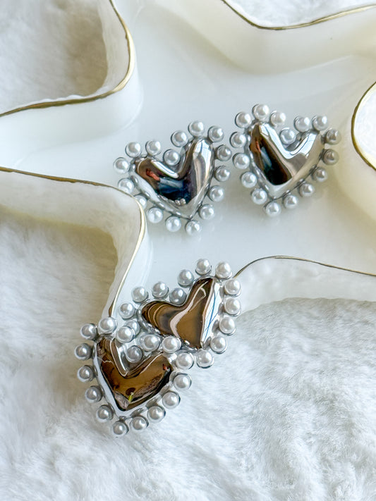 Silver Pearl Detailed Heart Statement Stud Earrings