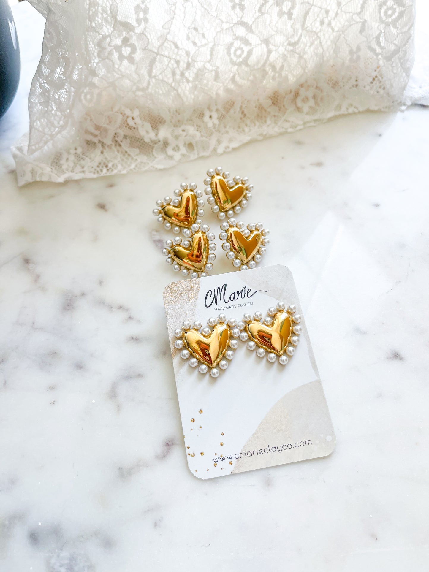 Pearl Detailed Heart Statement Stud Earrings