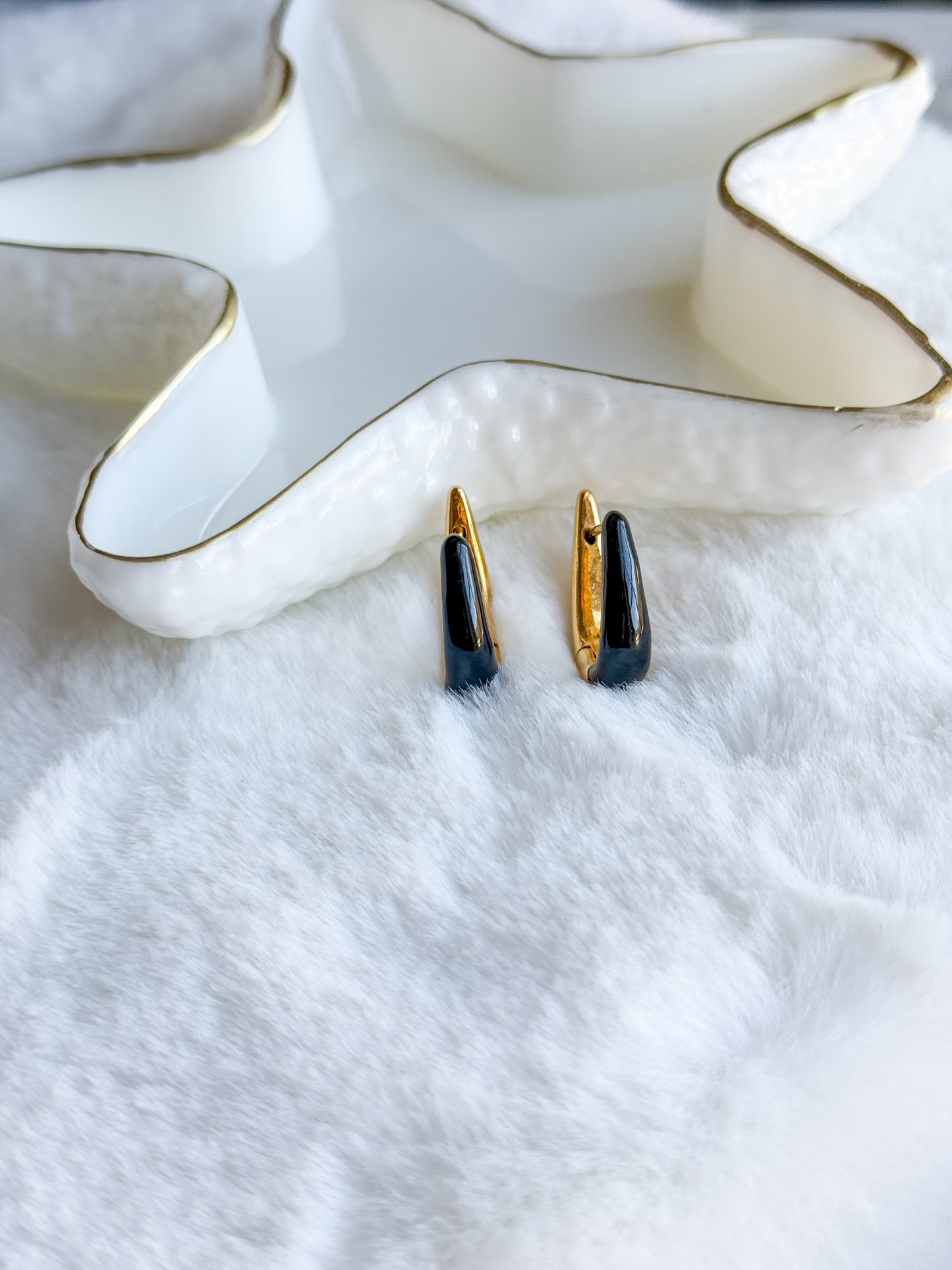 Gold U Shape Black Enamel Earring