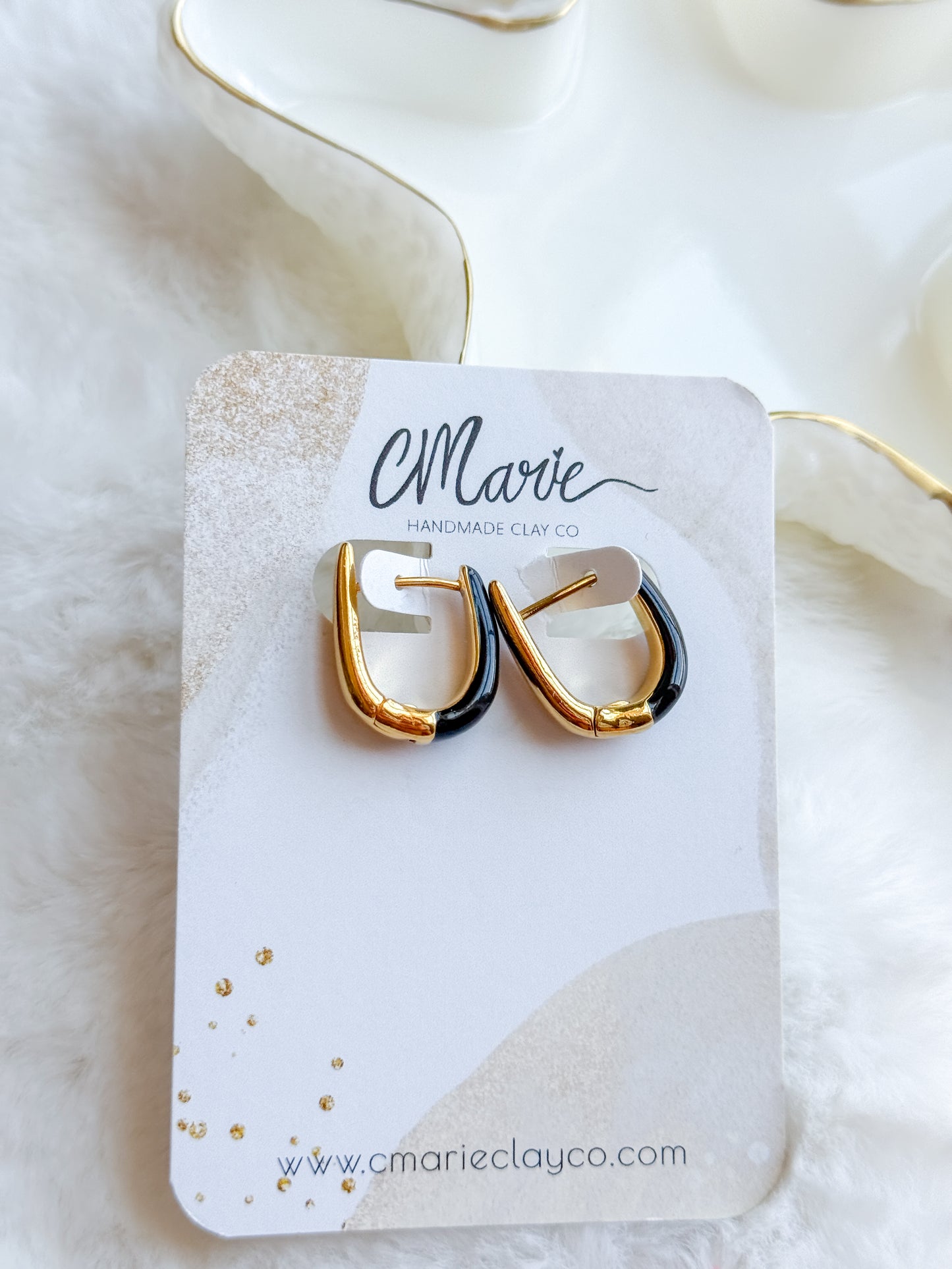 Gold U Shape Black Enamel Earring