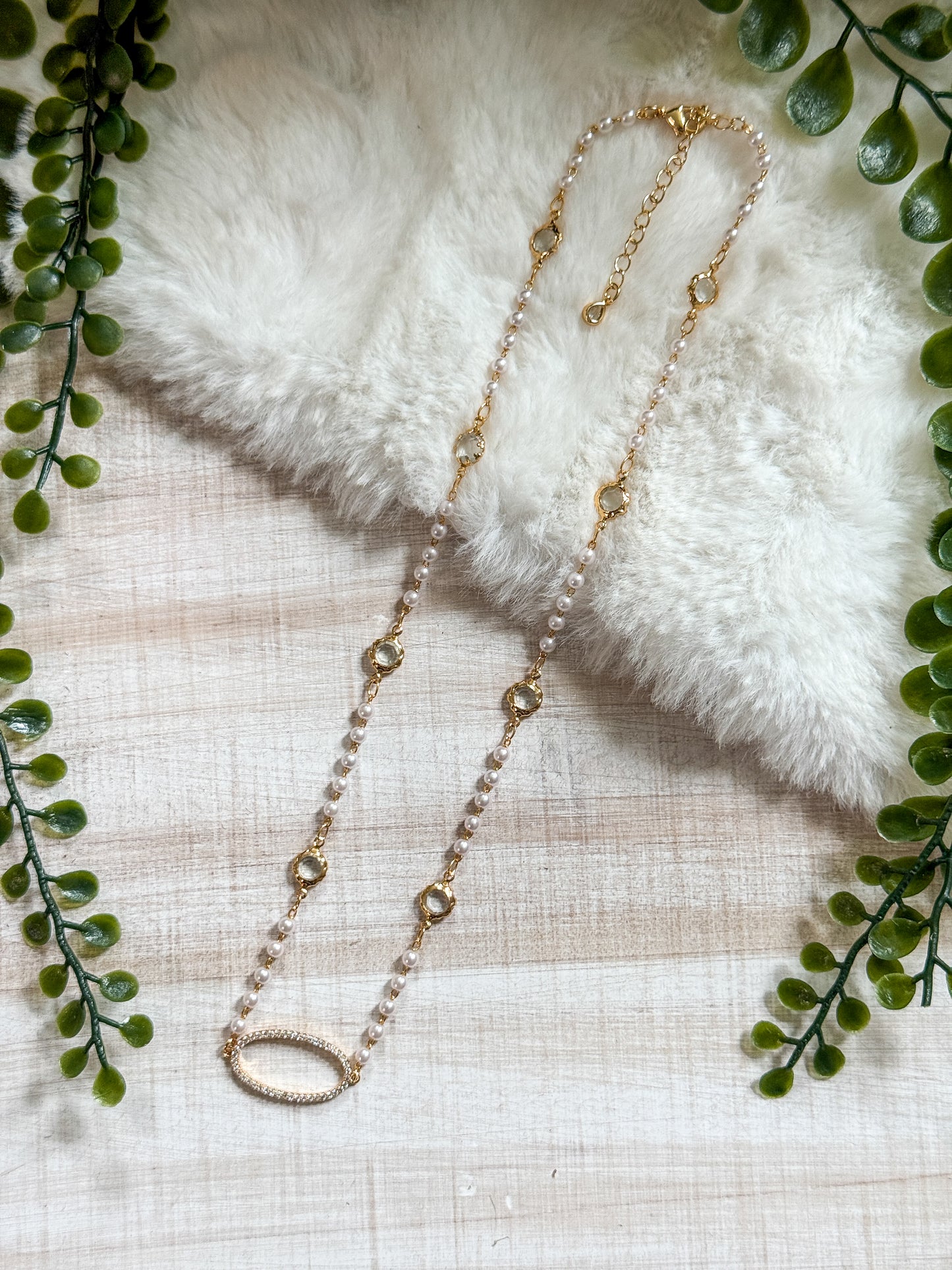 12x26MM Gold Covered Brass Oval and Pearl Necklace with Extender