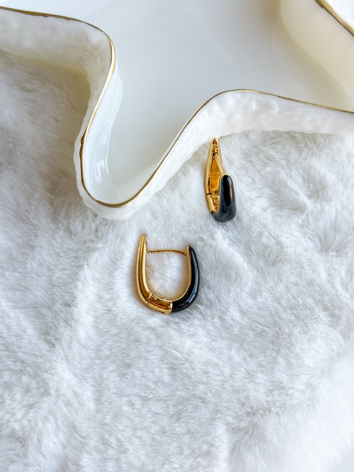 Gold U Shape Black Enamel Earring