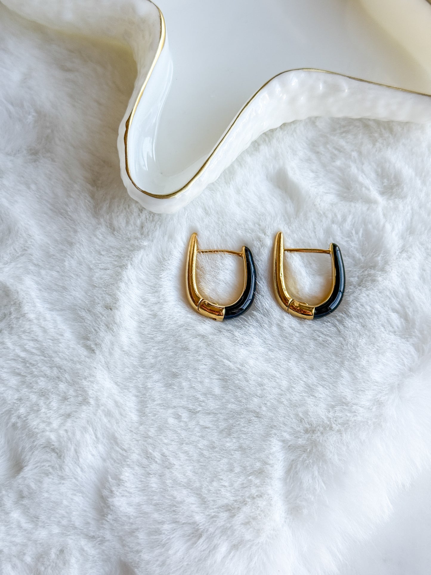 Gold U Shape Black Enamel Earring