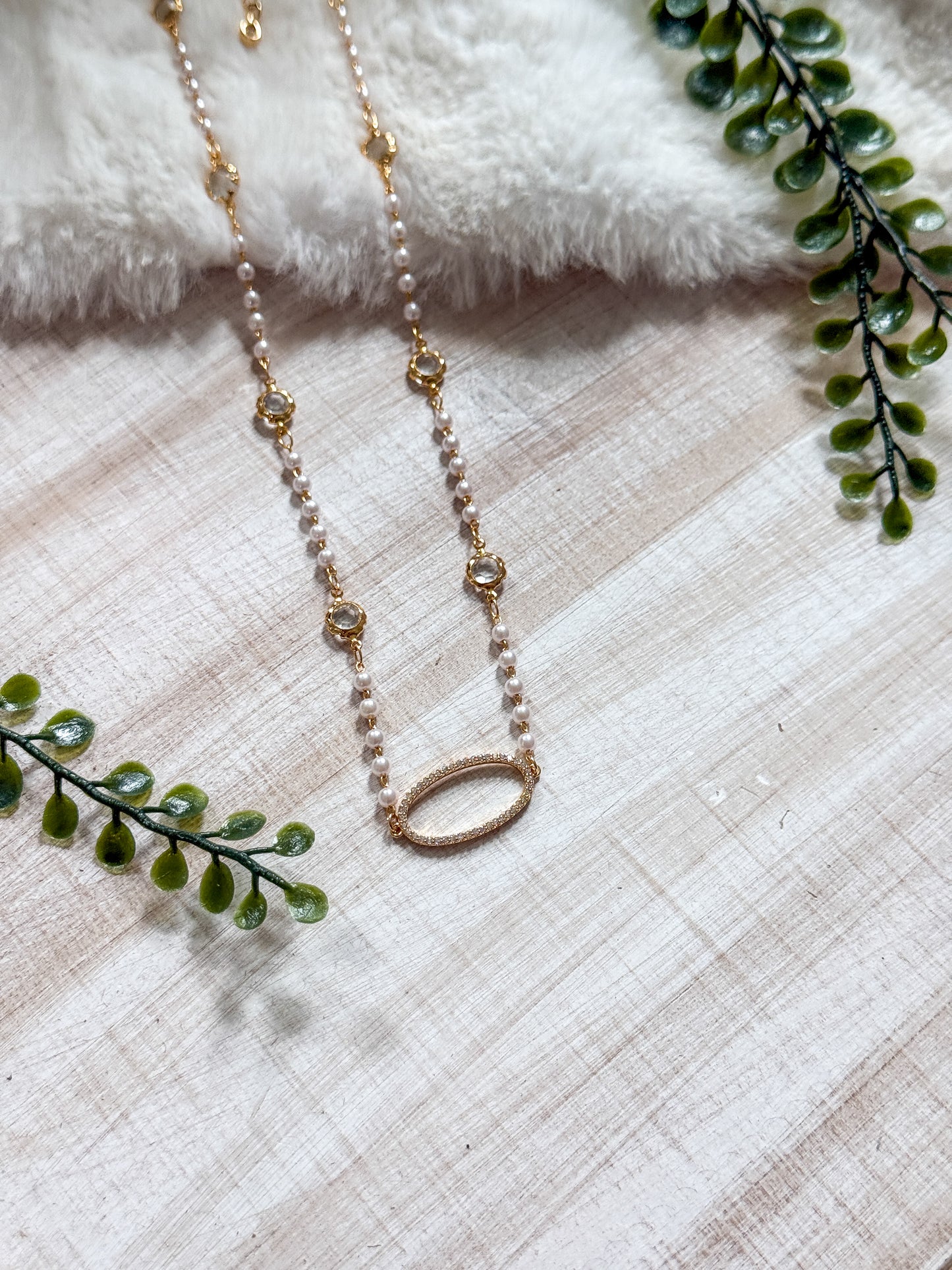 12x26MM Gold Covered Brass Oval and Pearl Necklace with Extender