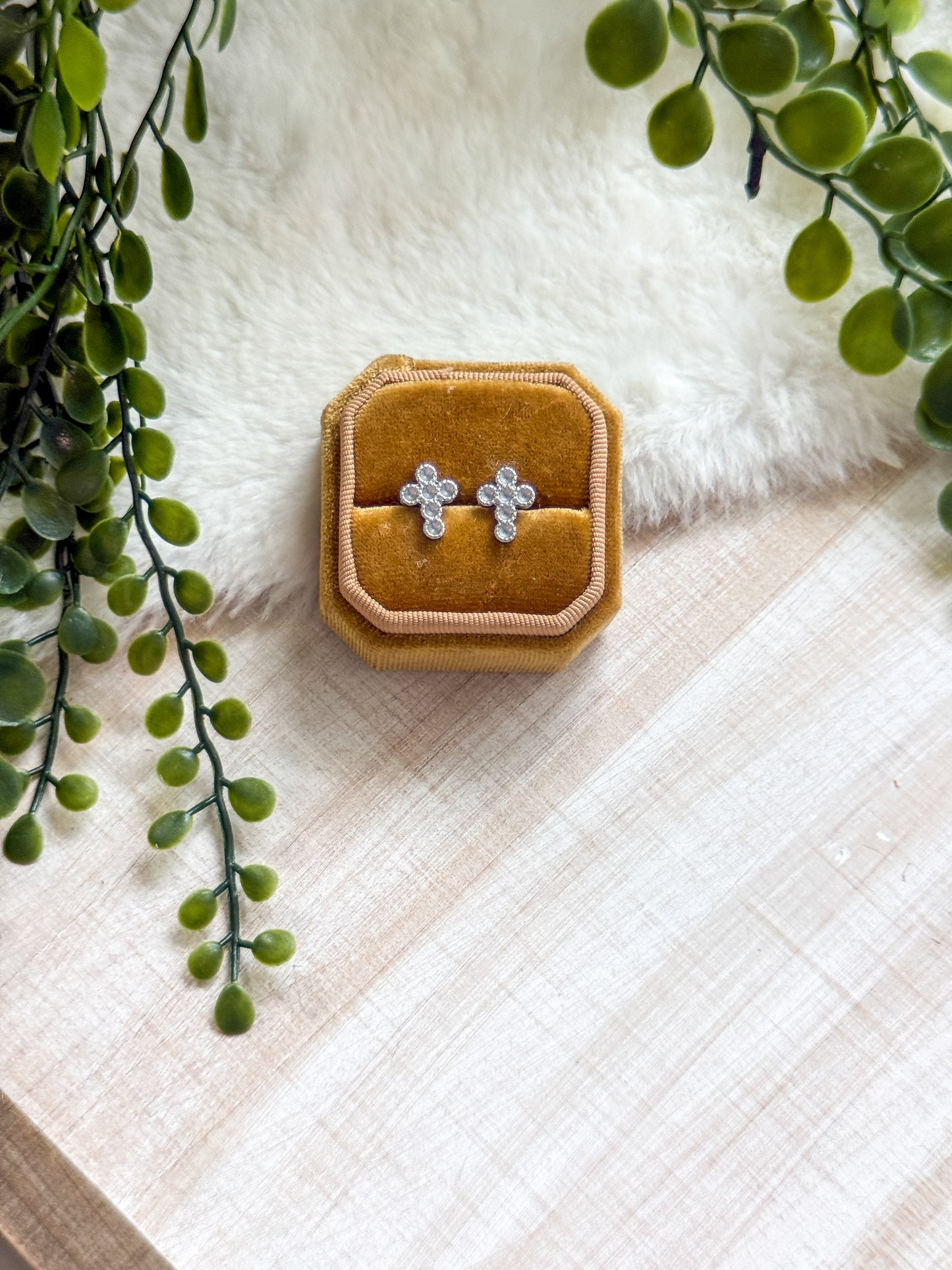 2MM Round 6 Stones Stainless Steel Cross Earring Studs