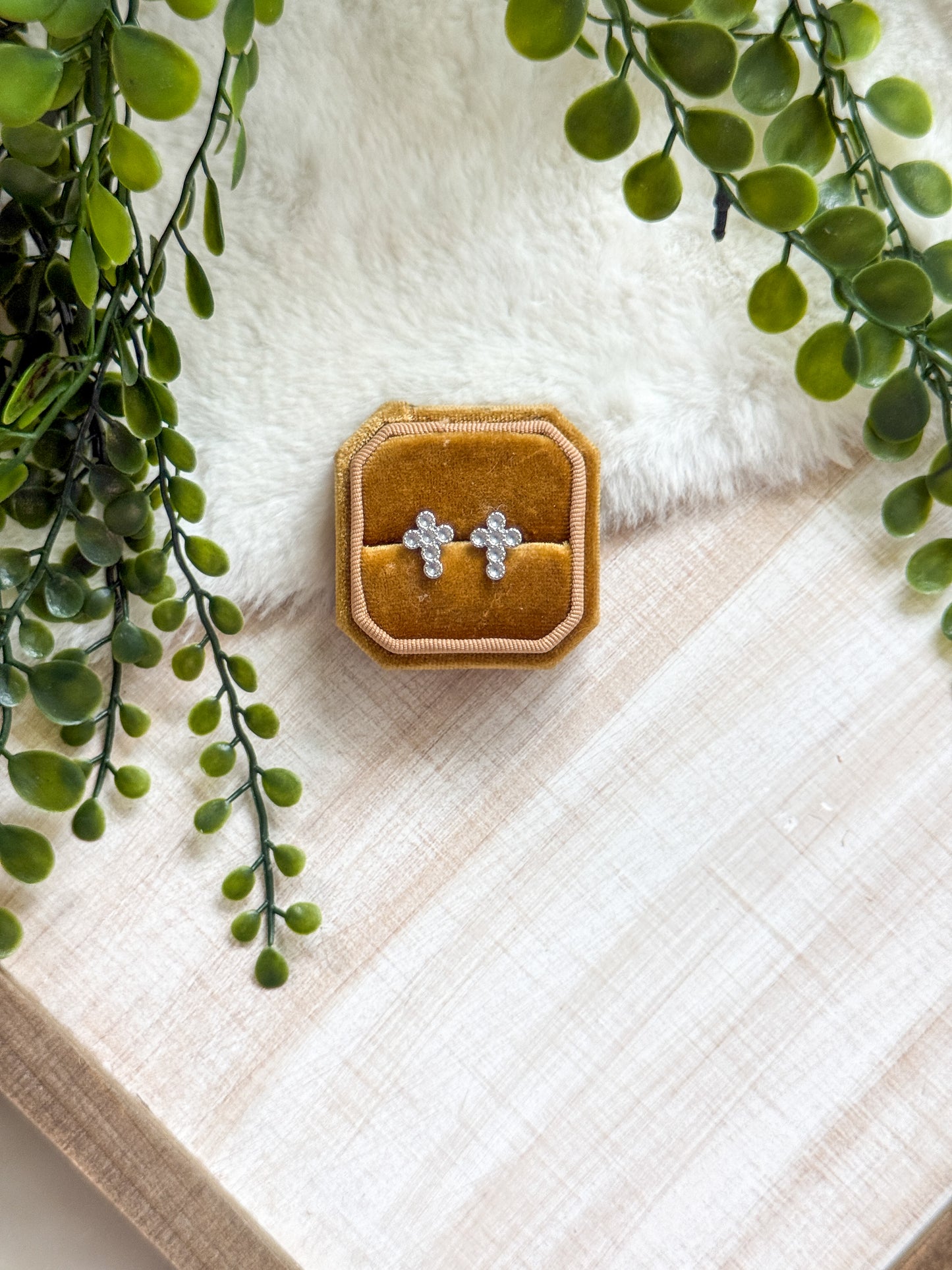 2MM Round 6 Stones Stainless Steel Cross Earring Studs