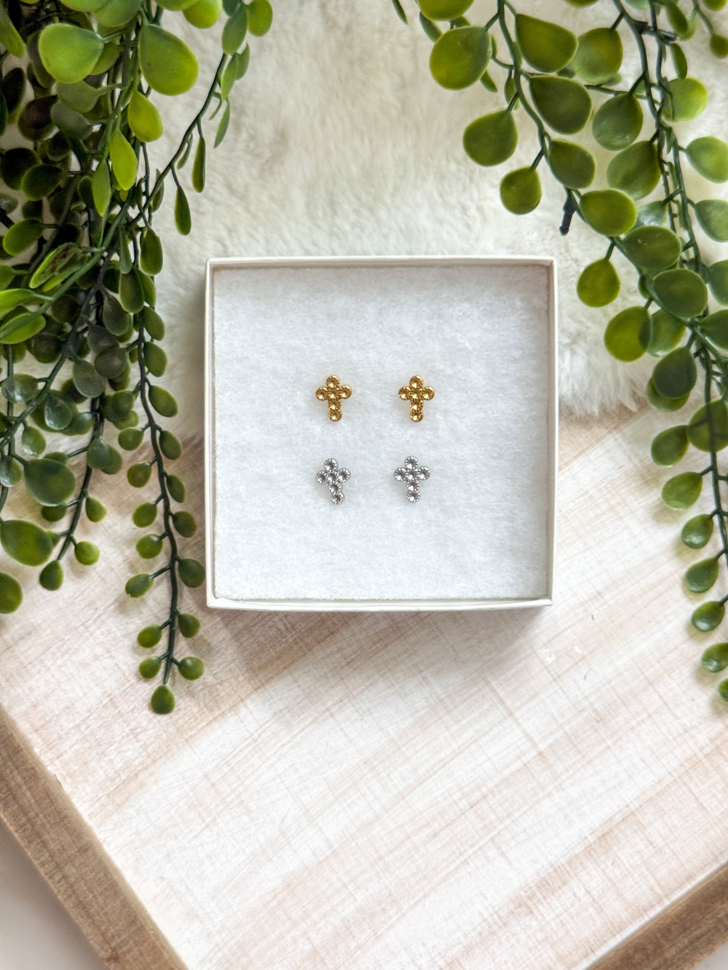 2MM Round 6 Stones Stainless Steel Cross Earring Studs