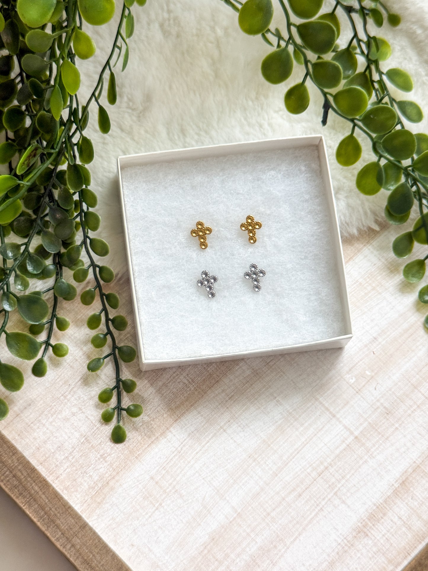 2MM Round 6 Stones Stainless Steel Cross Earring Studs