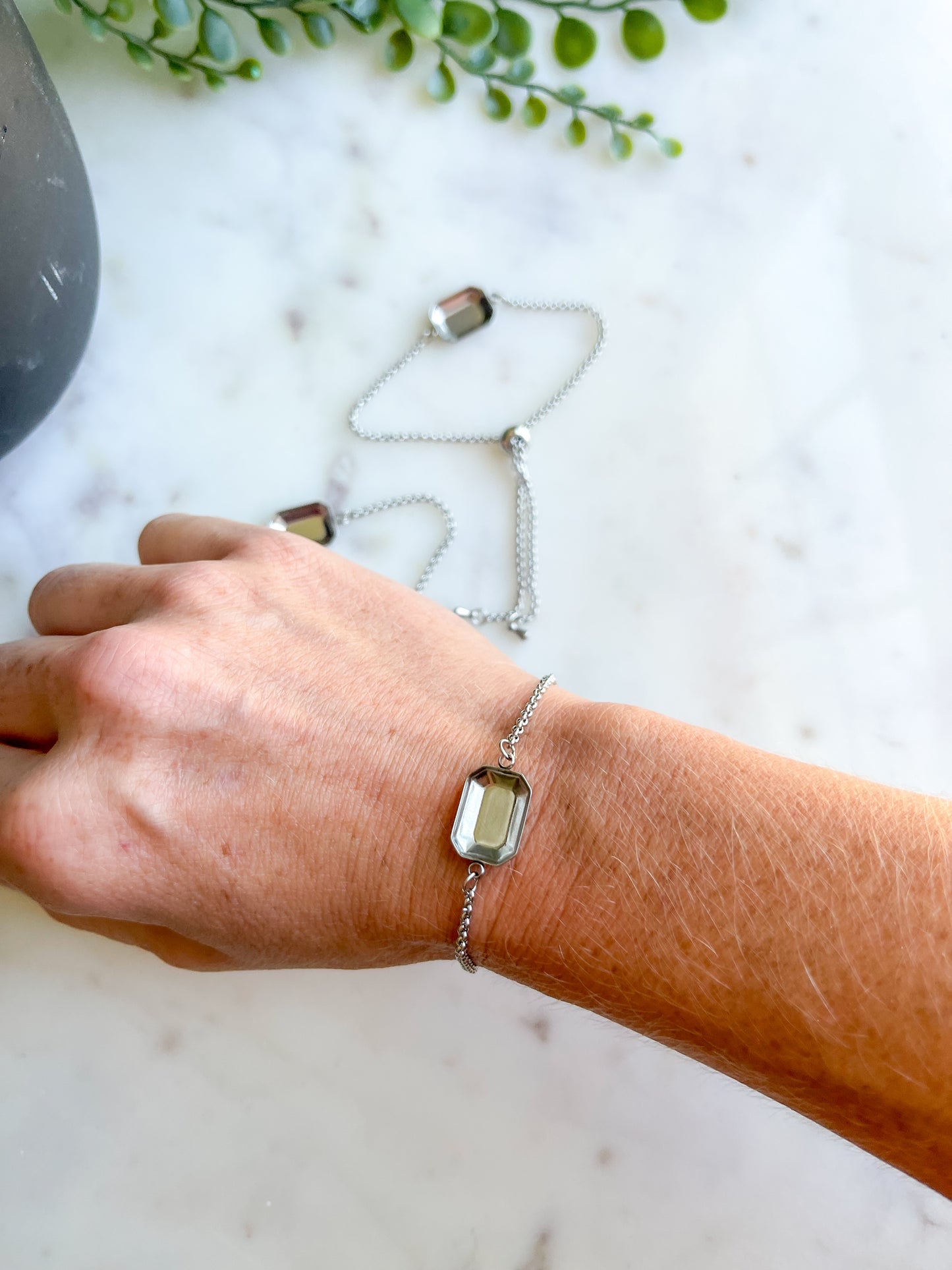 Silver 10x14mm Stone Adjustable Bracelet Chain