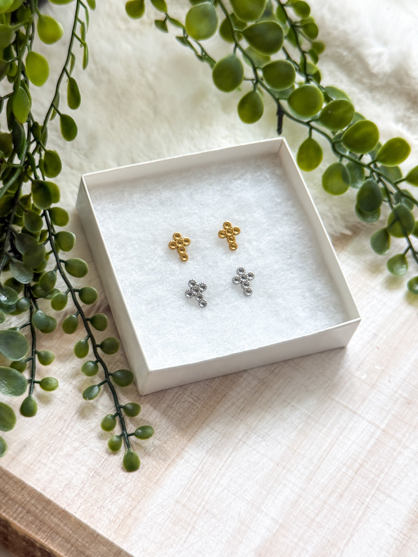 2MM Round 6 Stones Stainless Steel Cross Earring Studs