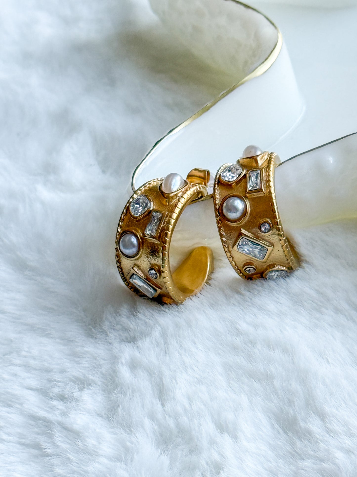 Gold Pearl Embellished Cuff Hoop Earring