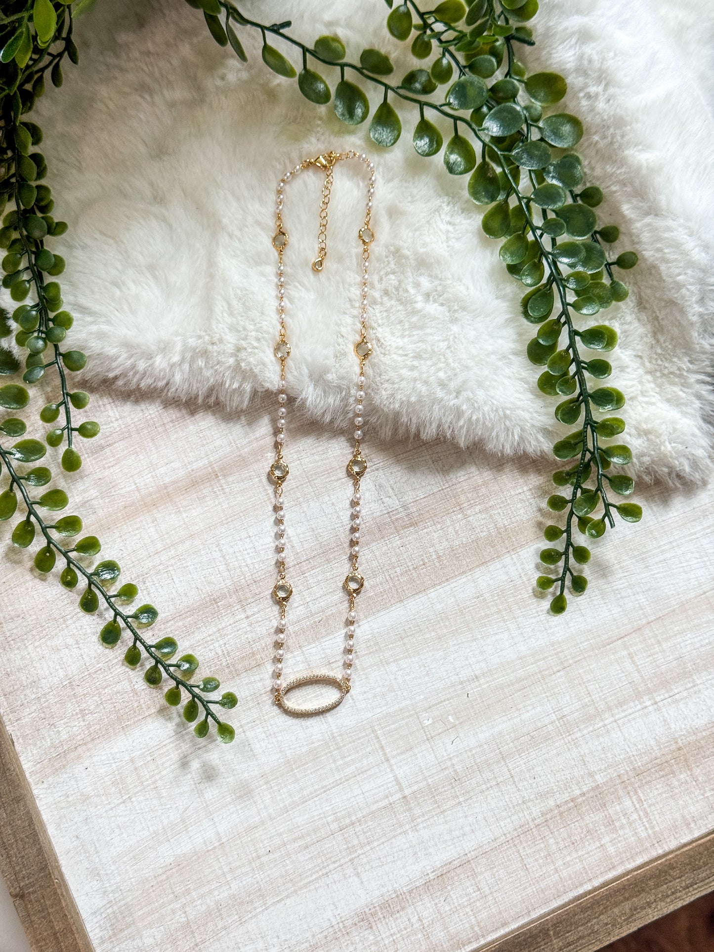 12x26MM Gold Covered Brass Oval and Pearl Necklace with Extender