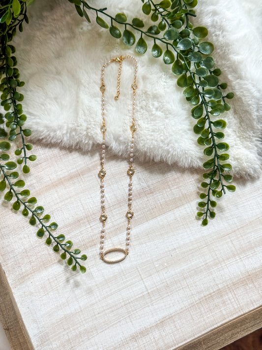 12x26MM Gold Covered Brass Oval and Pearl Necklace with Extender