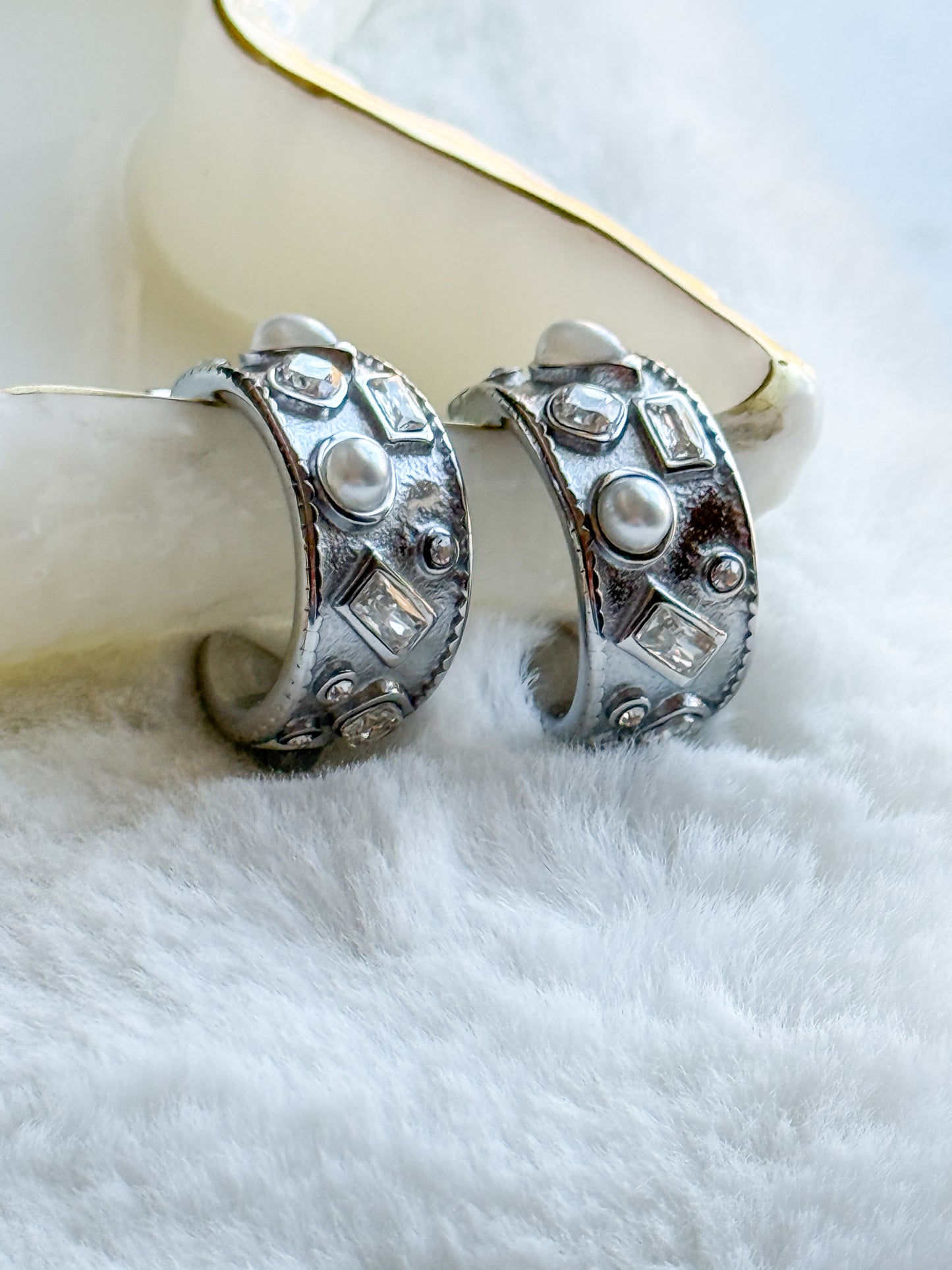 Silver Pearl Embellished Cuff Hoop Earring