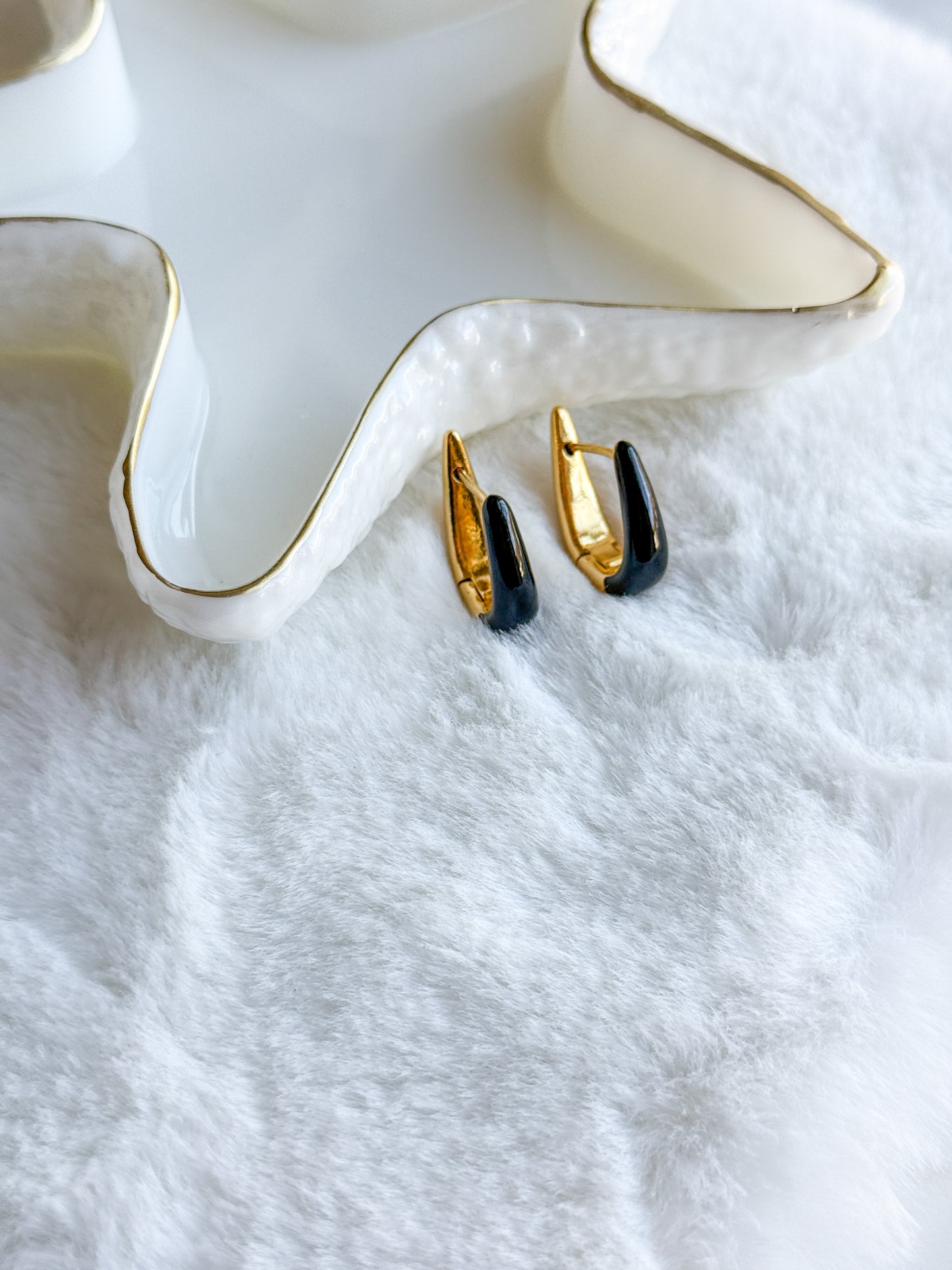 Gold U Shape Black Enamel Earring