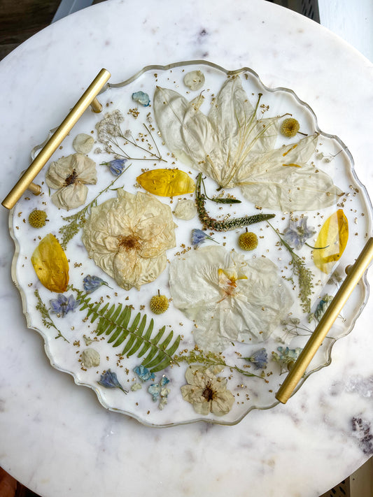 Round Resin Flower Tray Gold Handles 13”